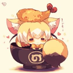 Rule 34 | 10s, 1girl, :3, = =, animal ear fluff, animal ears, bow, chibi, closed eyes, closed mouth, elbow gloves, facing viewer, fennec (kemono friends), food, food on head, fox ears, fox girl, fox tail, gloves, hair between eyes, heart, in container, japari symbol, kemono friends, light brown hair, multicolored hair, muuran, object on head, orange bow, signature, solo, sparkle, tail, tempura, translation request, two-tone hair, white hair, yellow gloves