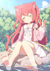 Rule 34 | 1girl, animal ears, barefoot, blue sky, blush, cardigan, cat ears, cat girl, cat tail, closed eyes, closed mouth, cloud, collarbone, commission, day, dress, facing viewer, feet, flat chest, forest, hair between eyes, head tilt, highres, knees together feet apart, lens flare, long hair, long sleeves, nature, neck ribbon, open cardigan, open clothes, original, outdoors, pink cardigan, plant, raised eyebrows, red hair, ribbon, rock, sailor collar, sailor dress, short dress, sidelocks, sitting, skeb commission, sky, smile, soles, solo, straight hair, tail, toes, tree, two side up, tyakomes, water, white dress, white sailor collar
