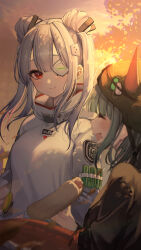 Rule 34 | 2girls, absurdres, blurry, blurry foreground, blush, breasts, bungo yayoi, closed eyes, closed mouth, crab claw, eyepatch, fake horns, food, green hair, green headwear, hair bun, hair ornament, heaven burns red, highres, holding, holding food, horned headwear, horns, hot dog, kudou (sikisiki0000), medium breasts, multiple girls, one eye covered, open mouth, red eyes, school uniform, short hair, smile, sweater, upper body, white hair, white sweater, yamawaki bon ivar