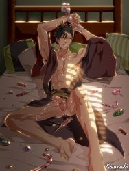 Rule 34 | 10s, 1boy, anal, bed, black hair, candy, cum, food, haikyuu!!, highres, kuroo tetsurou, male focus, male penetrated, nude, penis, pillow, restrained, seklutz, undressing, yaoi