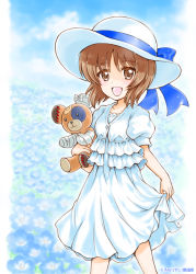 Rule 34 | 1girl, :d, artist name, bandages, blue bow, blue flower, blue sky, boko (girls und panzer), bow, brown eyes, brown hair, casual, cloud, cloudy sky, commentary, day, dress, field, flower, flower field, girls und panzer, hat, hat bow, holding, holding stuffed toy, kuromori yako, looking at viewer, medium dress, nemophila (flower), nishizumi miho, open mouth, puffy short sleeves, puffy sleeves, short hair, short sleeves, skirt hold, sky, smile, solo, standing, stuffed animal, stuffed toy, sun hat, sundress, teddy bear, white dress, white hat