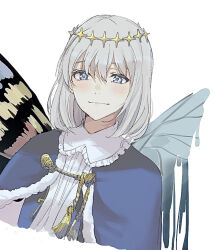 Rule 34 | 1boy, blue capelet, blue eyes, blush, butterfly wings, capelet, closed mouth, collared shirt, cropped torso, eyebrows hidden by hair, fate/grand order, fate (series), frilled shirt collar, frills, grey hair, hair between eyes, insect wings, kayanogura, looking at viewer, male focus, oberon (fate), shirt, smile, solo, upper body, white shirt, wings