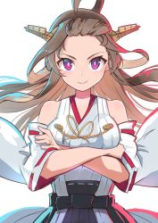 Rule 34 | 1girl, ahoge, bad id, bad twitter id, black skirt, brown hair, crossed arms, detached sleeves, double bun, gunbuster pose, hair bun, hairband, headgear, japanese clothes, kantai collection, kongou (kancolle), long hair, looking at viewer, pleated skirt, purple eyes, ribbon-trimmed sleeves, ribbon trim, simple background, skirt, solo, upper body, white background, yuzuruka (bougainvillea)