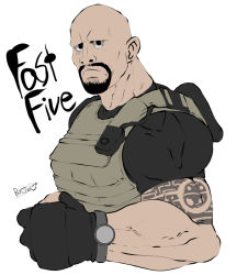 Rule 34 | 1boy, bald, black eyes, bulletproof vest, butcha-u, copyright name, facial hair, fast &amp; furious, fast five, fingerless gloves, flat color, gloves, goatee, lucas hobbs, male focus, manly, muscular, solo, tattoo, the fast and the furious, the rock (dwayne johnson), upper body, white background