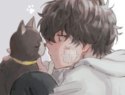 Rule 34 | 1boy, amamiya ren, bandage on face, bandages, black cat, black eyes, black hair, bruise, bruise on face, cat, closed eyes, closed mouth, collar, from side, hair between eyes, hood, hood down, hoodie, injury, male focus, morgana (persona 5), noses touching, paw print, persona, persona 5, portrait, profile, sawa2, simple background, white hoodie, yellow collar