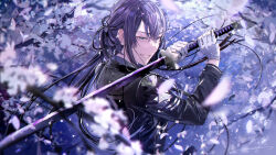 Rule 34 | 1boy, black jacket, blue background, blue eyes, blunt ends, blurry, cherry blossoms, depth of field, double-parted bangs, falling petals, flower, from side, gloves, grin, hair between eyes, highres, holding, holding sword, holding weapon, jacket, katana, long hair, long sleeves, looking at viewer, looking to the side, male focus, nagao kei, nijisanji, petals, pink flower, ponponpananda, ponytail, purple hair, signature, smile, solo, sword, upper body, virtual youtuber, weapon, white gloves