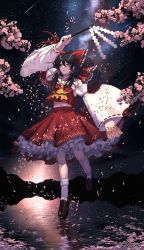Rule 34 | 1girl, 6080a9, arm up, ascot, black hair, bow, brown footwear, cherry blossoms, closed mouth, collarbone, detached sleeves, falling star, frilled bow, frilled hair tubes, frilled shirt collar, frills, full body, gohei, hair between eyes, hair bow, hair tubes, hakurei reimu, highres, holding, holding stick, medium hair, milky way, mountainous horizon, navel, night, night sky, red bow, red ribbon, red shirt, red skirt, reflection, reflective water, ribbon, ribbon-trimmed sleeves, ribbon trim, shirt, shoes, skirt, sky, sleeveless, sleeveless shirt, socks, solo, star (sky), starry sky, stick, touhou, twitter username, white socks, yellow ascot