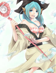 Rule 34 | 1girl, aqua hair, bare shoulders, blue eyes, breasts, dress, front ponytail, hat, long hair, magi the labyrinth of magic, shell, shell bikini, solo, staff, witch hat, xylit01, yamuraiha