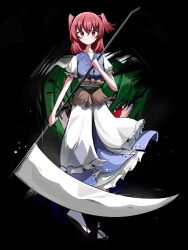 Rule 34 | 2girls, absurdres, black background, blue dress, closed mouth, coin, dress, full body, green hair, highres, holding, holding scythe, looking at viewer, multiple girls, obi, onozuka komachi, red eyes, red hair, sandals, sash, scythe, shiki eiki, simple background, solo focus, spam (spamham4506), touhou, two side up, zouri