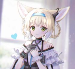 Rule 34 | 1girl, animal ears, arknights, black gloves, blonde hair, blurry, blurry background, blush, braid, braided hair rings, closed mouth, curtains, day, earpiece, fox ears, frilled shirt, frills, gloves, green eyes, hair intakes, hair rings, hairband, heart, id card, indoors, infection monitor (arknights), korean commentary, looking at viewer, material growth, multicolored hair, oripathy lesion (arknights), own hands together, shirt, short hair, sinap (12000klb), single glove, smile, solo, streaked hair, sunlight, suzuran (arknights), two-tone hair, upper body, white hair, white shirt, window, wrist cuffs