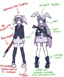 Rule 34 | 2girls, animal ears, arrow (symbol), assault rifle, black footwear, black jacket, black thighhighs, bolt action, boots, closed mouth, commentary, corporalblake, english commentary, english text, floppy ears, full body, gun, headset, highres, holding, holding gun, holding weapon, jacket, long hair, looking at viewer, m4 carbine, multiple girls, necktie, pink skirt, purple hair, rabbit ears, rabbit girl, red eyes, red necktie, reisen (touhou bougetsushou), reisen udongein inaba, rifle, short hair, simple background, skirt, thighhighs, touhou, weapon, white background