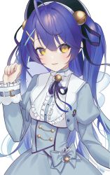 Rule 34 | 1girl, ahoge, amamiya kokoro, amamiya kokoro (1st costume), aya (lezon), bell, blue dress, blue hair, blue ribbon, blush, center frills, commentary request, dress, frills, hair bell, hair ornament, hair ribbon, hand up, hat, highres, jingle bell, juliet sleeves, long hair, long sleeves, looking at viewer, neck ribbon, nijisanji, parted lips, puffy sleeves, ribbon, simple background, smile, solo, two side up, upper body, virtual youtuber, white background, yellow eyes