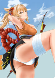 Rule 34 | 1girl, arrow (projectile), artist request, ass, bare shoulders, blonde hair, blush, bow (weapon), breasts, cameltoe, from below, genshin impact, hair ornament, highres, japanese clothes, kimono, large breasts, leg up, long hair, looking at viewer, panties, ponytail, shiny clothes, shiny skin, short kimono, sideboob, smile, solo, thick thighs, thigh strap, thighs, underwear, weapon, yellow eyes, yoimiya (genshin impact)