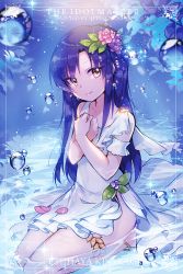 Rule 34 | 1girl, air bubble, anklet, blue hair, blue n, blush, brown eyes, bubble, character name, closed mouth, commentary request, copyright name, dress, flower, food-themed hair ornament, grape hair ornament, hair flower, hair ornament, head tilt, idolmaster, idolmaster (classic), jewelry, kisaragi chihaya, long hair, petals, pink flower, seiza, sitting, sleeveless, sleeveless dress, smile, solo, underwater, very long hair, water, white dress