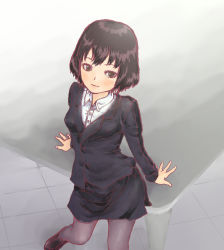 Rule 34 | 10s, 1girl, arm support, arms behind back, black eyes, black hair, blouse, blush, formal, highres, jacket, juju (pixiv4563634), juju (poipoipui), loafers, looking at viewer, mikami kaho, pantyhose, pencil skirt, shirt, shoes, short hair, skirt, skirt suit, smile, solo, suit, suit jacket, table, world trigger