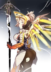 Rule 34 | 1girl, ass, blonde hair, blue eyes, bodysuit, breasts, halo, high ponytail, long hair, looking at viewer, mechanical halo, mechanical wings, medium breasts, mercy (overwatch), overwatch, overwatch 1, pantyhose, rmm, solo, staff, torn clothes, torn pantyhose, wings, yellow wings