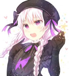 Rule 34 | 1girl, black bow, black gloves, black hat, blush, bow, deep (deep4946), fate/grand order, fate (series), gloves, hat, heart, highres, looking at viewer, nursery rhyme (fate), open mouth, purple eyes, silver hair, smile, solo, star (symbol)