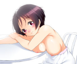 Rule 34 | 10s, 1girl, blush, breast rest, breasts, brown hair, chair, chuunibyou demo koi ga shitai!, dress, looking at viewer, nipples, nude filter, onsoku inu, pink eyes, short hair, simple background, sitting, smile, solo, table, third-party edit, topless, tsuyuri kumin, white background, white dress