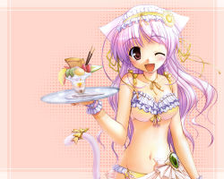 Rule 34 | 1girl, animal ears, bekkankou, bikini, blush, bow, breasts, cat ears, cat tail, cleavage, dessert, flower, food, frilled bikini, frills, fruit, hair ribbon, hat, ice cream, large breasts, long hair, looking at viewer, navel, one eye closed, open mouth, original, parfait, pocky, purple hair, red eyes, ribbon, smile, solo, spoon, swimsuit, tail, tail ornament, tail ribbon, wallpaper, wink