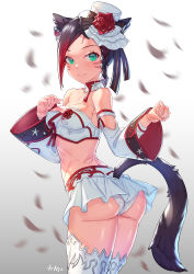 Rule 34 | 1girl, absurdres, animal ears, arpeggio kaga, ass, warrior of light (ff14), bandeau, bare shoulders, black hair, braid, breasts, cat ears, cat girl, cat tail, choker, commission, cowboy shot, crop top, detached sleeves, facial mark, final fantasy, final fantasy xiv, from behind, gradient hair, green eyes, hat, highres, long sleeves, looking at viewer, looking back, medium breasts, midriff, miniskirt, miqo&#039;te, multicolored hair, panties, pleated skirt, short hair, skeb commission, skirt, solo, standing, strapless, tail, thighhighs, thighs, top hat, tube top, twisted torso, underwear, white panties, white skirt, white thighhighs, wide sleeves