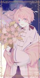 Rule 34 | 1boy, bishounen, bouquet, flower, happy birthday, highres, holding, holding bouquet, light blush, long sleeves, looking at viewer, male focus, minase (neo-porte), mole, mole under eye, neo-porte, open mouth, pink hair, smile, solo, virtual youtuber, wocusile