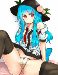 Rule 34 | 1girl, ass, bare shoulders, black thighhighs, blue hair, cameltoe, collarbone, crayon (medium), food, fruit, glasses, hat, hinanawi tenshi, looking at viewer, no pants, off shoulder, open mouth, panties, peach, puffy short sleeves, puffy sleeves, red-framed eyewear, shirt, short sleeves, solo, spread legs, thighhighs, touhou, traditional media, underwear, white panties, zibun owl