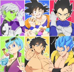 Rule 34 | 2girls, 4boys, ;d, adjusting clothes, adjusting gloves, aqua hair, armor, bad id, bad pixiv id, black background, black bra, black eyes, black hair, blue background, blue eyes, blue hair, blue nails, bra, breasts, broly (dragon ball super), bulma, character name, cheelai, cleavage, clenched teeth, close-up, colored skin, commentary, crazy straw, crossed arms, cup, dougi, dragon ball, dragon ball super, dragon ball super broly, dragonball z, drink, drinking, drinking straw, earrings, english commentary, eyelashes, eyewear on head, facial scar, fingernails, food, food on face, frown, glasses, gloves, gogeta, green-framed eyewear, green background, green jacket, green skin, grey hair, grin, gun, handgun, head tilt, holding, holding cup, holding food, holding gun, holding weapon, ice, ice cube, jacket, jewelry, libeuo (liveolivel), long hair, looking at viewer, looking away, medium breasts, multicolored clothes, multicolored jacket, multiple boys, multiple girls, nail polish, necklace, nipples, ok sign, one eye closed, open mouth, pectorals, pink background, pistol, purple background, purple eyes, purple jacket, scar, scar on cheek, scar on chest, scar on face, short hair, simple background, smile, son goku, spiked hair, super saiyan, super saiyan blue, teeth, topless male, two-sided fabric, two-sided jacket, two-tone jacket, underwear, upper body, v, vegeta, very long hair, waistcoat, weapon, white gloves, wristband, yellow background