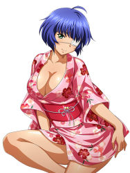 Rule 34 | 1girl, artist request, blue eyes, blue hair, blush, breasts, closed mouth, collarbone, dot nose, eyepatch, flower, ikkitousen, japanese clothes, kimono, large breasts, medium hair, mole, mole under mouth, ryomou shimei, simple background, solo, source request, white background, yukata