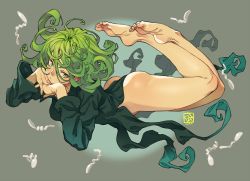 Rule 34 | 1girl, ass, bent spoon, black dress, breasts, curly hair, dated, dress, expressionless, feet, flipped hair, floating, floating hair, floating object, full body, green hair, interlocked fingers, long sleeves, looking at viewer, no panties, no shoes, one-punch man, own hands together, pelvic curtain, plantar flexion, poch4n, short hair, side slit, signature, simple background, small breasts, soles, solo, spoon, tatsumaki, telekinesis, toes