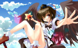 Rule 34 | 1girl, bad id, bad pixiv id, black wings, blush, bobby socks, brown hair, censored, convenient censoring, convenient leg, day, female focus, foreshortening, geta, grin, hand fan, hat, highres, looking at viewer, outstretched arm, outstretched hand, panties, pantyshot, red eyes, redcomet, ribbon, shameimaru aya, shoes, skirt, sky, smile, socks, solo, tengu-geta, tokin hat, touhou, underwear, upskirt, wallpaper, wings