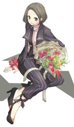 Rule 34 | 1girl, ankle ribbon, belted, belted dress, bouquet, brown eyes, brown hair, clasped dress, dress, flower, formal, high heels, leg ribbon, necktie, nocchi (perfume), perfume (band), pinstripe pattern, red flower, red rose, ribbon, rose, shoes, sitting, solo, striped, suit, tie clip, tight clothes, tight dress, tulip, yoshito