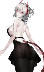 Rule 34 | 1girl, antenna hair, antennae, arknights, back, backless dress, backless outfit, bare shoulders, black dress, black pantyhose, breasts, demon horns, demon tail, dress, eyeliner, from behind, grey hair, hair bun, highres, horns, large breasts, looking at viewer, looking back, maho (drmaho1), pantyhose, parted lips, red eyeliner, red eyes, short hair, sideboob, simple background, single hair bun, solo, tail, tail ornament, tail ring, w (arknights), white background