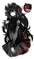 Rule 34 | 10s, 1girl, abyssal ship, bad id, bad pixiv id, black dress, black hair, bonnet, bow, bowtie, colored skin, dress, highres, isolated island oni, kankan33333, kantai collection, long hair, looking at viewer, red eyes, simple background, solo, white background, white skin