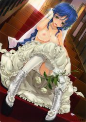 Rule 34 | 1girl, absurdres, adjusting hair, blue hair, blush, boots, bouquet, bow, breasts, bridal veil, bride, cameltoe, clothes pull, copyright request, covered erect nipples, cross-laced footwear, cum, cum on body, cum on breasts, cum on upper body, dress, dress pull, dutch angle, earrings, flower, garter straps, gloves, green eyes, happoubi jin, high heels, highres, jewelry, lace-up boots, large breasts, long hair, necklace, nipples, no bra, open mouth, panties, pussy juice, ribbon, rose, shoes, sitting, solo, stain, stairs, thighhighs, tiara, underwear, upskirt, veil, wedding dress, wet, wet clothes, wet panties, white flower, white rose, white thighhighs, yellow eyes