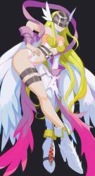 Rule 34 | 1girl, angel wings, angewomon, asymmetrical footwear, black background, blonde hair, breasts, cleavage, digimon, digimon (creature), elbow gloves, gloves, hand on own hip, hand on own thigh, highres, leaning forward, long hair, mask, medium breasts, mismatched footwear, rae (hexedwithluck), single glove, smile, solo, symbol-only commentary, thigh strap, very long hair, white footwear, white gloves, wings