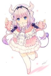 Rule 34 | 10s, 1girl, beads, black hairband, blue eyes, bow, capelet, dragon girl, dragon horns, dragon tail, dress, full body, gradient hair, hair beads, hair ornament, hairband, horns, kanna kamui, kobayashi-san chi no maidragon, light purple hair, long sleeves, low twintails, microdress, min-naraken, monster girl, multicolored hair, open mouth, outstretched arms, pink footwear, puffy long sleeves, puffy sleeves, running, shoes, silver hair, solo, tail, thighhighs, triangle mouth, twintails, white background, white thighhighs