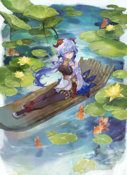 Rule 34 | 1girl, ahoge, amekojam, arm support, bare shoulders, bell, black legwear, blue hair, breasts, chinese knot, detached sleeves, fish, flower knot, ganyu (genshin impact), genshin impact, gloves, gold trim, horns, lily pad, long hair, looking to the side, low ponytail, medium breasts, neck bell, purple eyes, red rope, rope, sidelocks, sitting, solo, tassel, thighlet, vision (genshin impact), waist cape, water, white sleeves, wide sleeves