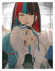Rule 34 | 2girls, behind another, black hair, blue dress, blue eyes, blue flower, blue hair, blue jacket, border, braid, cleavage cutout, clothing cutout, commentary, diagonal bangs, dress, fang, flower, hair flower, hair ornament, hand up, harusaruhi, heterochromia, high collar, highres, isekai joucho, isshiki (ffmania7), jacket, juliet sleeves, kamitsubaki studio, leaning to the side, long hair, long sleeves, microphone, mismatched pupils, multicolored hair, multiple girls, open mouth, puffy sleeves, red eyes, red hair, shrug (clothing), side braid, signature, smile, streaked hair, studio microphone, symbol-only commentary, twitter username, upper body, virtual youtuber, white border, white hair, white sleeves, yellow eyes