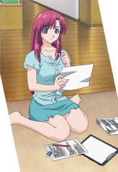 Rule 34 | 1girl, absurdres, barefoot, casual, female focus, highres, holding glasses, homework, indoors, kazami mizuho, long hair, on floor, onegai teacher, paperwork, purple eyes, reading, red hair, sitting, solo, stitched, third-party edit, wariza
