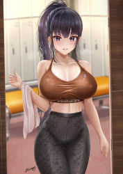 Rule 34 | 1girl, absurdres, bare shoulders, blush, breasts, cleavage, collarbone, commission, covered navel, highres, large breasts, long hair, looking at viewer, navel, nori chazuke, original, pants, ponytail, purple eyes, signature, solo, sports bra, sportswear, sweat, thigh gap, wet, yoga pants
