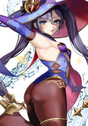 Rule 34 | 1girl, arm up, armpits, ass, bare shoulders, blue eyes, blue hat, blue leotard, blush, breasts, brown pantyhose, genshin impact, gloves, hair ornament, hat, hat ornament, highres, hua shu tenma, leotard, mona (genshin impact), outstretched arm, pantyhose, parted lips, purple hair, sideboob, small breasts, solo, star (symbol), star hair ornament, star hat ornament, thighlet, twintails, water, witch hat