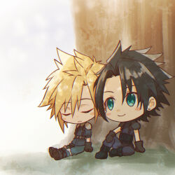 Rule 34 | 2boys, armor, belt, black footwear, black gloves, black hair, blonde hair, blue eyes, blush, boots, chibi, closed mouth, cloud strife, crisis core final fantasy vii, earrings, final fantasy, final fantasy vii, full body, gloves, grass, highres, jewelry, male focus, mizuamememe, multiple boys, open mouth, outdoors, parted bangs, ribbed sweater, scarf, shinra infantry uniform, shoulder armor, single earring, sitting, sleeping, smile, spiked hair, sweater, tree, turtleneck, turtleneck sweater, zack fair