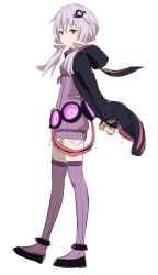 Rule 34 | 1girl, anklet, arms behind back, black footwear, commentary request, dress, hair ornament, hair tubes, hood, hoodie, jewelry, leon (mikiri hassha), light purple hair, long sleeves, looking at viewer, looking to the side, low twintails, medium hair, open clothes, open hoodie, purple dress, purple thighhighs, simple background, smile, solo, standing, striped clothes, striped thighhighs, thighhighs, twintails, vertical-striped clothes, vertical-striped thighhighs, vocaloid, voiceroid, white background, yuzuki yukari