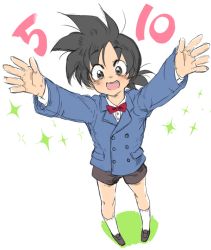 Rule 34 | 1boy, bad id, bad pixiv id, black eyes, black footwear, black hair, black shorts, blue jacket, dragon ball, dragon ball z kami to kami, dragonball z, full body, hano (hanos91), jacket, long sleeves, looking at viewer, looking up, male focus, necktie, number pun, open mouth, outstretched arms, shirt, short hair, shorts, simple background, socks, solo, son goten, sparkle, spiked hair, white background, white shirt