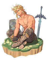 Rule 34 | 1boy, abs, blonde hair, blue eyes, boots, collarbone, cross-section, earth (planet), fingerless gloves, full body, gloves, hair over one eye, highres, link, male focus, medium hair, nintendo, no nipples, one eye covered, pants, pectorals, planet, planted, pointy ears, rock, shiny skin, sitting, smile, solo, sword, the legend of zelda, topless male, weapon, youchi123