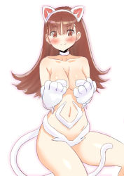 Rule 34 | 1girl, animal ears, animal hands, big hair, breasts, brown eyes, cat ears, cat girl, cat tail, commentary request, cosplay, cowboy shot, felicia (vampire), felicia (vampire) (cosplay), gloves, highres, kujira naoto, large breasts, long hair, looking at viewer, navel, paw gloves, simple background, solo, tail, vampire (game), white background, white fur