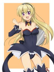 Rule 34 | 1girl, alternate hair length, alternate hairstyle, angel mort, bare shoulders, blonde hair, breasts, cleavage, collarbone, compacthuman, detached sleeves, fang, hair between eyes, hairband, higurashi no naku koro ni, houjou satoko, long hair, looking at viewer, aged up, open mouth, orange background, purple eyes, ribbon, rumia (compacthuman), solo, standing, thighhighs, tray, two-tone background, waitress, white background