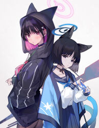 Rule 34 | 2girls, amana (pocketkey), animal ear fluff, animal ear hood, animal ears, back-to-back, black choker, black eyes, black hair, black hoodie, black pantyhose, blue archive, blue neckerchief, blue sky, blush, cat&#039;s cradle, cat day, cat ears, choker, collarbone, colored inner hair, cowboy shot, extra ears, fake animal ears, gun, hair ornament, hairclip, halo, hand in pocket, haori, haori on shoulders, highres, hood, hood up, hoodie, japanese clothes, kazusa (blue archive), kikyou (blue archive), long sleeves, looking at viewer, multicolored hair, multiple girls, neckerchief, pantyhose, pink eyes, pink hair, pink neckerchief, ribbon choker, sailor collar, sky, weapon