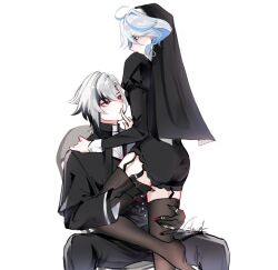 Rule 34 | ahoge, arlecchino (genshin impact), black capelet, black dress, black eyes, black garter straps, black hair, black hands, black pants, black robe, black thighhighs, blue eyes, blue hair, capelet, closed mouth, dress, finger to another&#039;s mouth, finger to mouth, furina (genshin impact), garter straps, genshin impact, glaciel, grey hair, habit, hand on another&#039;s shoulder, hand on another&#039;s thigh, index finger raised, juliet sleeves, light blue hair, long sleeves, looking at another, medium hair, multicolored hair, nun, pants, priest, puffy sleeves, red pupils, robe, shushing, signature, standing, standing on one leg, streaked hair, symbol-shaped pupils, thighhighs, white background, x-shaped pupils, yuri
