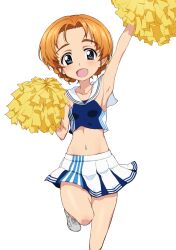 Rule 34 | 1girl, arm up, armpits, blue eyes, blue shirt, blue skirt, braid, cheerleader, commentary request, commission, girls und panzer, holding, holding pom poms, kayabakoro, lawson, leg up, looking at viewer, midriff, miniskirt, navel, official alternate costume, open mouth, orange hair, orange pekoe (girls und panzer), partial commentary, pixiv commission, pleated skirt, pom pom (cheerleading), pom poms, sailor collar, shirt, shoes, short hair, simple background, skirt, sleeveless, sleeveless shirt, smile, sneakers, solo, standing, standing on one leg, twin braids, two-tone skirt, white background, white footwear, white sailor collar, white skirt